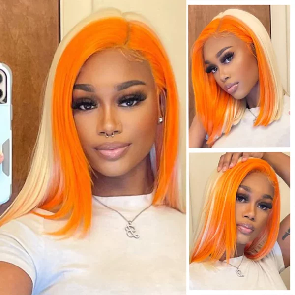 Caractéristique de la perruque sur la photo: Matière: virgin human hair Style: Straight Longueur: 12” Lace: 13×4 Couleur: Orange Highlight Densité: 180%