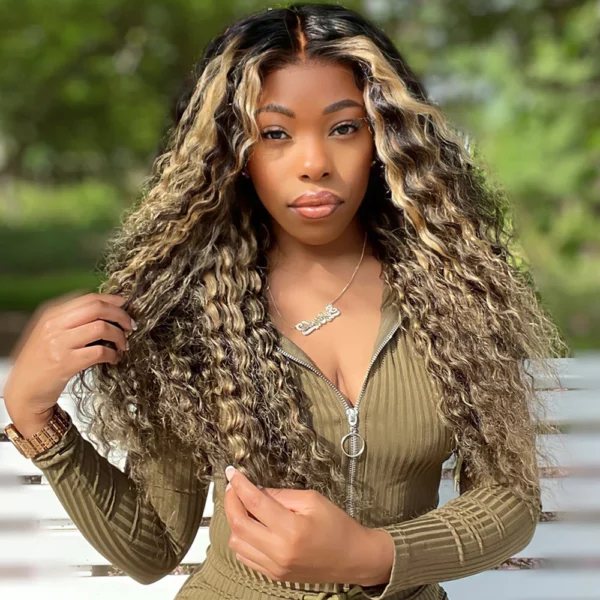 Caractéristique de la perruque sur la photo: Matière: virgin human hair Style: Loose deep Longueur: 26" Couleur: Black With Highlights Blonde Lace: 13×4 Densité: 180%