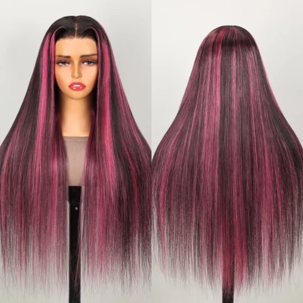 Caractéristique de la perruque sur la photo: Matière: virgin human hair Style: Straight Longueur: 32” Couleur: Black Hair With Pink Highlights Lace: 13×4 Densité: 180%