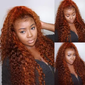 Caractéristique de la perruque sur la photo: Matière: virgin human hair Style: Deep Wave Longueur: 32" Couleur: #1B Mixte Orange Lace: 13×4 Densité: 200%